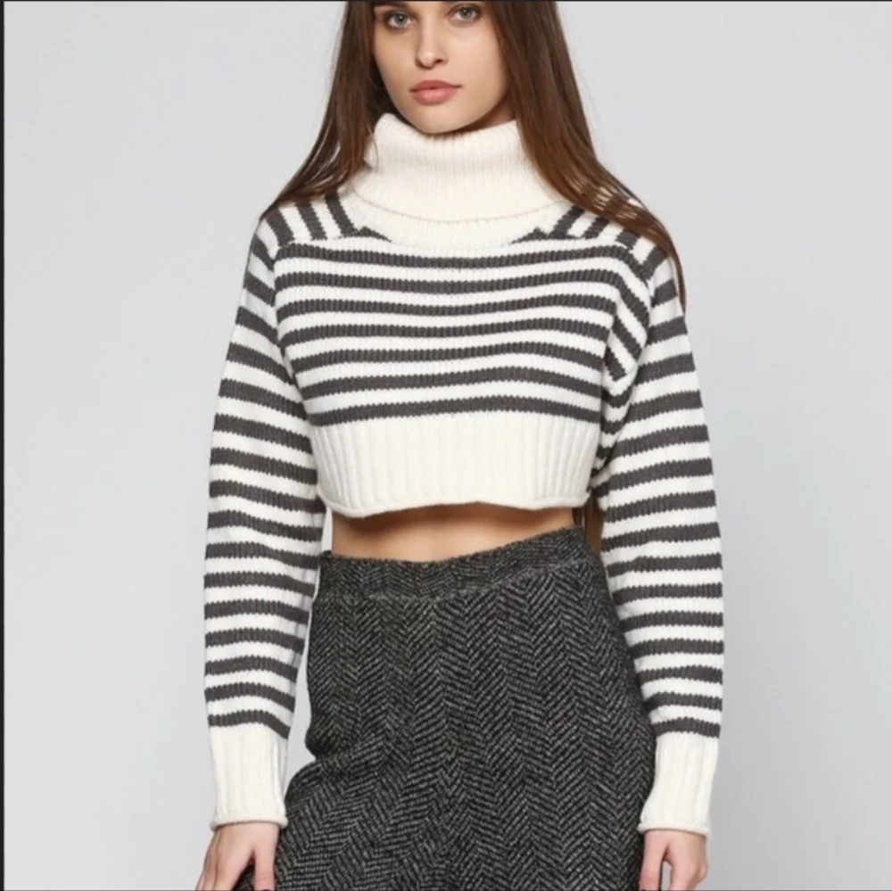 Zara Striped White/Grey Chunky Knit Turtleneck Cropped Women's Sweater Size M